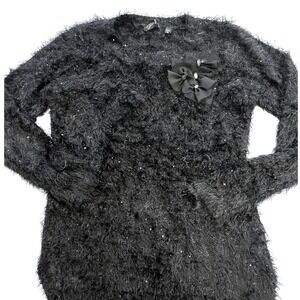 Black Fuzzy Sequin Bow Sweater MEDIUM Detail Long Sleeve Sweater Top Women‎